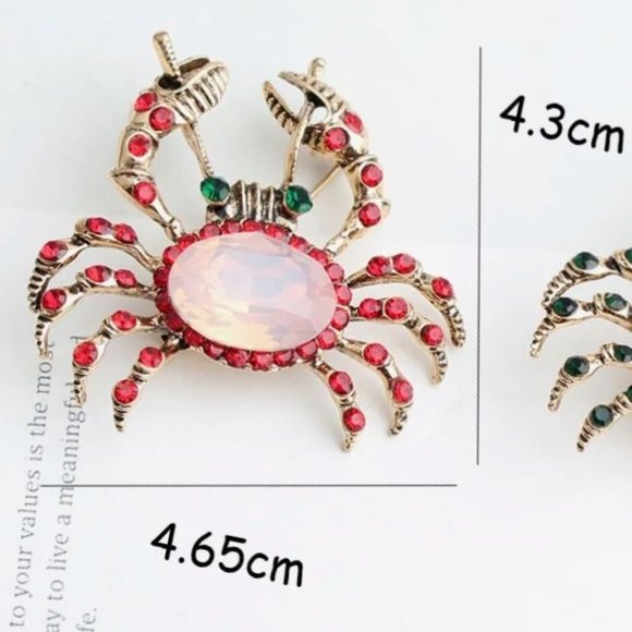 Gold Tone Crab Brooch Red Crystals and Light Pink Center Rhinestone - Picture 2 of 2